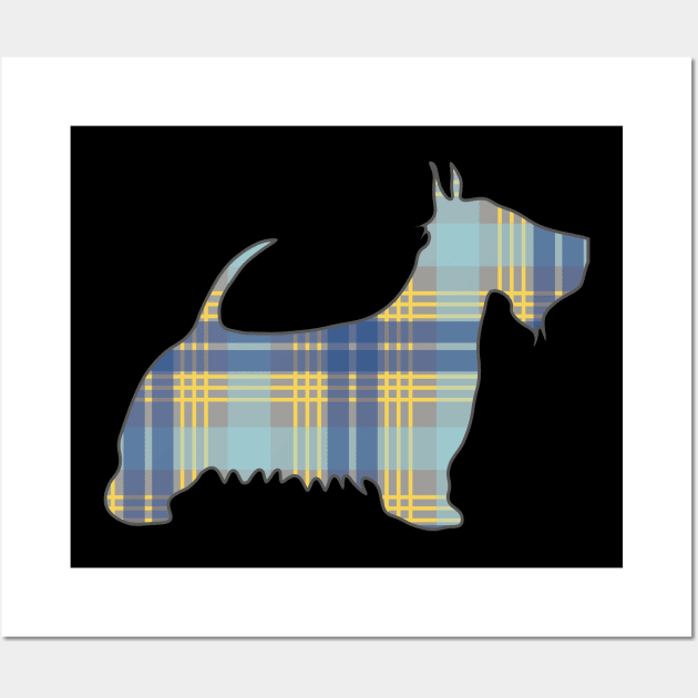 Blue, Grey and Yellow Tartan Scottish Terrier Dog Silhouette Wall Art by MacPean